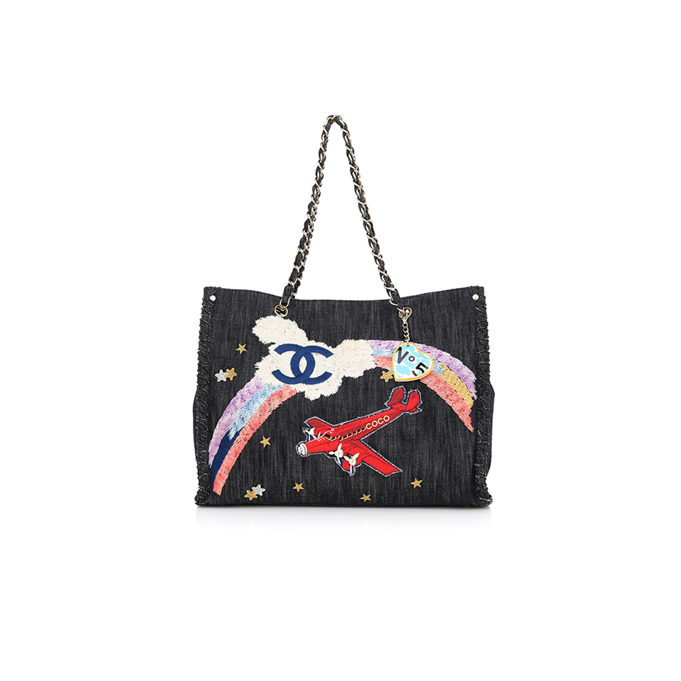 CHANEL DARK BLUE EMBROIDERED DENIM NIGHT FLIGHT TOTE BAG (40*30cm)